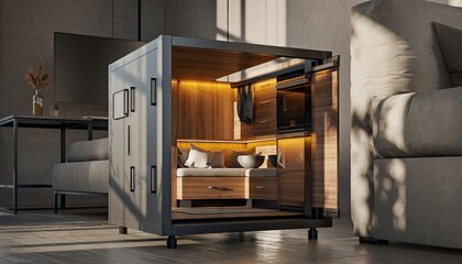 Modern Compact Living Pod with Warm Interior Lighting and Minimalist Furniture in a Brightly Lit Room