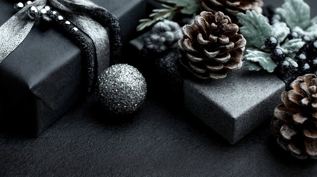 A black and silver Christmas background with pine cones, glittery ornaments, and wrapped gifts on a dark gray surface, creating an elegant holiday atmosphere for decorations or displays.