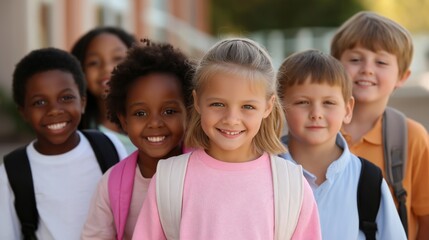 A diverse group of cheerful children stands closely together, smiling and enjoying each other's company outside their school on a bright day