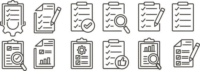 checklist, clipboard, document, paper, pencil, pen, checkmark, tick, cross, magnifying glass, search, analysis, data, chart, graph, cogwheel, gear, settings, thumbs up, like, approval, agreement, list