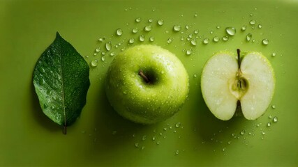 Fresh green apple with leaf and slice on textured green background
