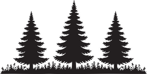 Three Tall Pine Tree Silhouettes with Detailed Grass Base trees nature
