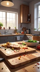 Wooden Kitchen Interior with Food Preparation Scene Vegetables and Cutting Board with Natural Light