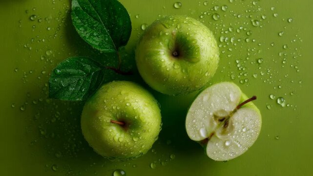 Fresh green apples with leaves and water droplets on a vibrant background