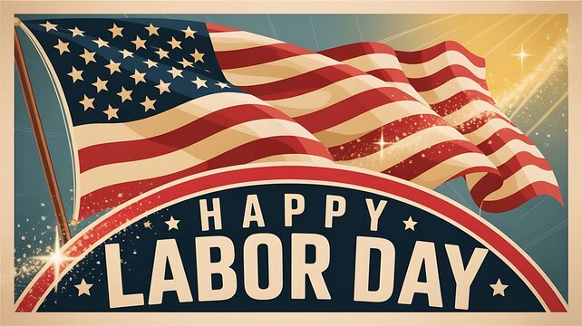 A patriotic labor day illustration featuring the american flag and festive typography in a vintage style design for celebration