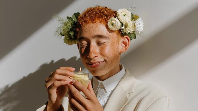 Youthful non binary person with fiery red hair and a floral crown smiles at camera while holding a cupcake with a lit candle, freckles visible during a joyful birthday celebration