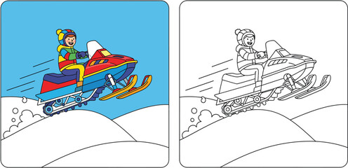 Coloring book page for kids with colorful example and outline sketch of a happy boy riding a snowmobile fast in winter snow vector illustration