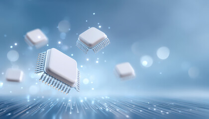 Floating microchip processors glowing over abstract digital circuit surface, futuristic energy