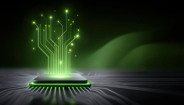 Green circuit chip glowing with digital tree connection and futuristic energy