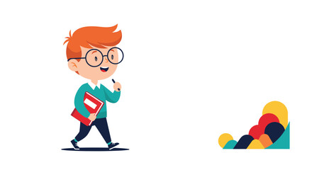 Fototapeta premium Cartoon boy with glasses walking and holding a book and pen.