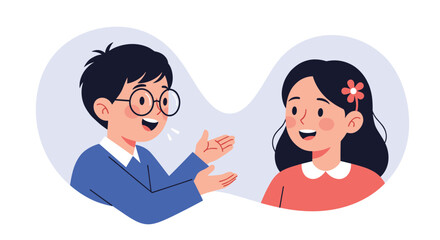 Fototapeta premium Illustration of two happy children talking to each other against a soft blue background.