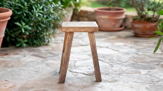 Rustic wooden stool outdoor garden patio natural light green plants