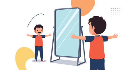 A young boy joyfully poses with outstretched arms in front of a full-length mirror.