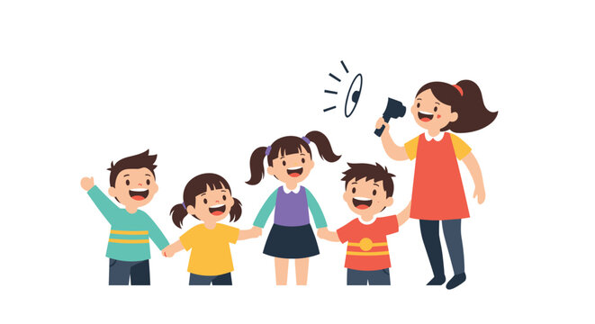 Cartoon illustration of a teacher with a megaphone leading a group of happy children in a line.