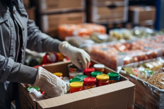 Adult volunteer sorting food items in a community pantry