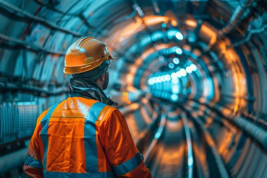 Fototapeta Adult construction worker observing tunnel construction site with focus