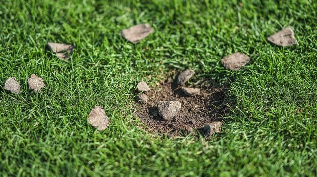 spodumene. Small depression in lawn with scattered soil fragments and textured ground. real-estate listings, architecture portfolios, designed for real-estate listing and luxury residence showcases.