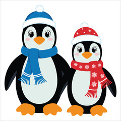 Fototapeta premium Two adorable penguins wearing winter hats and scarves isolated on