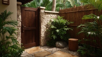 Tranquil Garden Gate: Wooden gate and stone wall entrance leading into a private garden sanctuary, creating a sense of peace and tranquility.