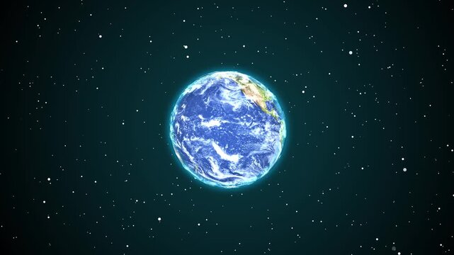 Beautiful animation of earth rotating in space with soft glowing stars and shiny light effects. Planet earth revolving slowing in a seamless loop.
