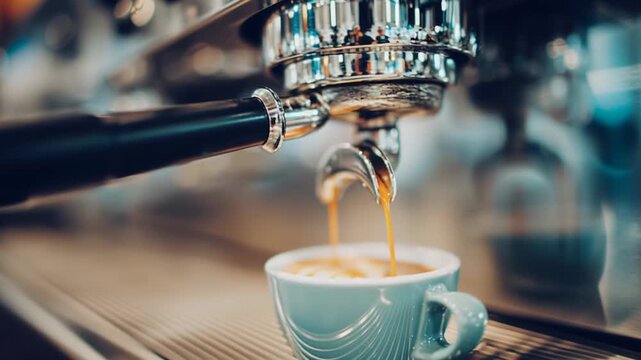 Macro shot of freshly brewed espresso being poured from a high quality coffee machine portafilter into a delicate ceramic cup, showcasing intricate latte art