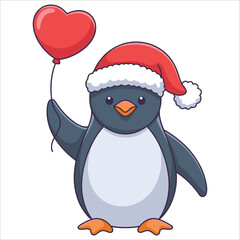 Fototapeta premium Festive penguin with santa hat holding a heart balloon isolated on