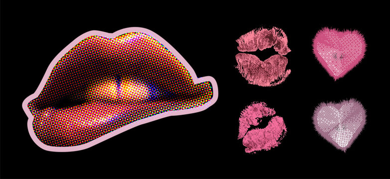 Red lips with kiss marks and hearts on black background in halftone style. Nostalgia Set y2k brutalism