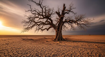 Lone Tree with Withered Branches in Barren, Dusty Land