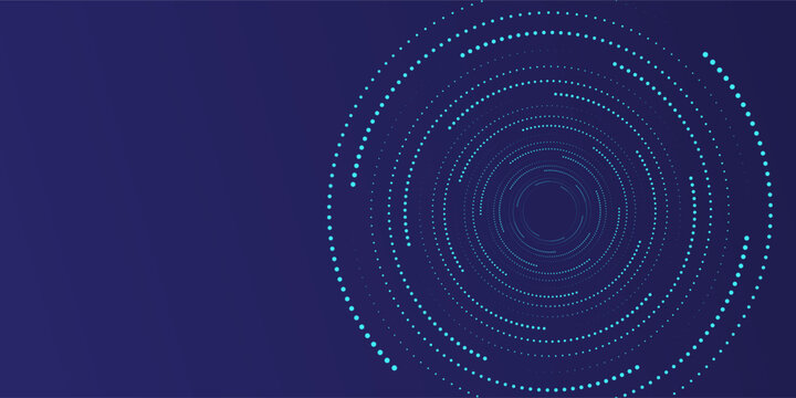 Spiral technology background of circular lines and dot connections. Abstract circle of glowing particles, big data transmission, internet network.