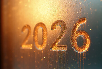 Cinematic Frosted Glass with Amber Glow and “2026” Condensation Writing — Dreamy Warm New Year Background