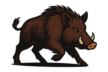 A powerful wild boar with sharp tusks and bristly mane charging forward with a determined expression on its face © mr