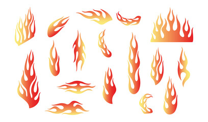 Flame decal. Red yellow gradient fire flames tattoo, tribal fire vinyl burning stickers for sport car and motorbike. Hotrod muscle car, motorcycle racing graphics. Vector set