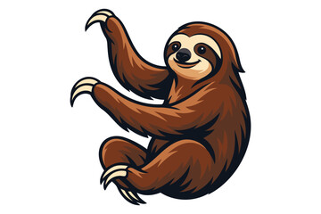 Naklejka premium A cute cartoonish smiling brown sloth with long claws hanging from an unseen branch in a playful pose on a white background