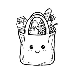 Cute Grocery Bag Illustration Filled with Food Items