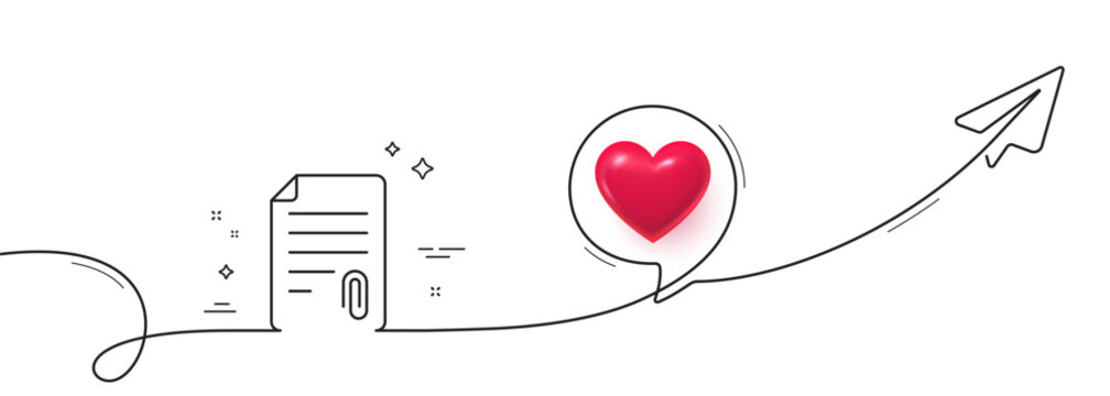 CV attachment line icon. Continuous line with share plane. Document file symbol. 3d heart in speech bubble. Attachment single line ribbon. Loop curve pattern. Vector