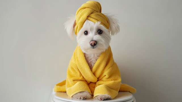 Adorable white maltese dog sporting a yellow bathrobe and a towel wrapped around its head like a turban. The playful pup is seated against a clean white backdrop