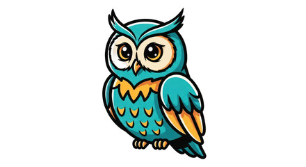 Cartoon Owl with Big Eyes, Blue and Gold Feathers