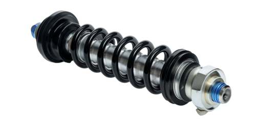 Detailed shock absorber isolated on white showcasing metal springs and suspension parts
