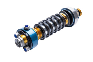 Detailed shock absorber isolated on white showcasing metal springs and suspension parts