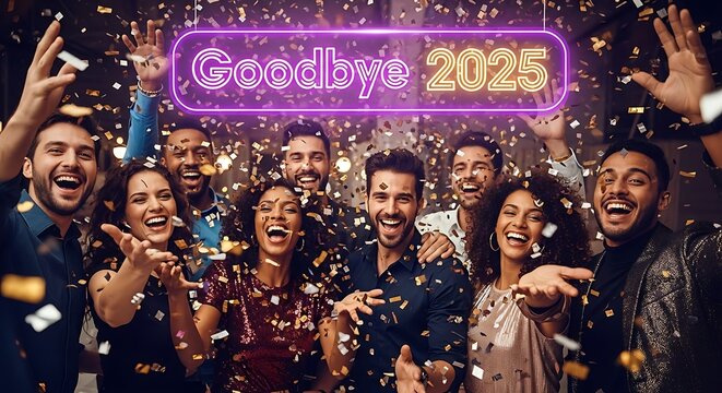 Group of friends celebrating new year's eve with confetti falling