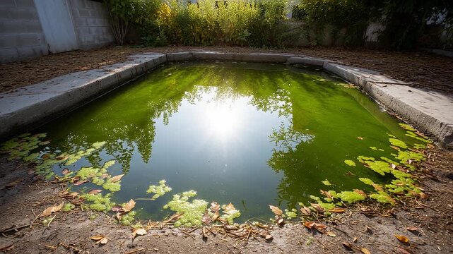 The sunlight shines brightly, creating reflections on the still surface of an old neglected pond, brimming with green stagnant water, algae growth, and scattered autumn leaves