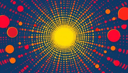 Bright yellow circular sunburst pattern emerges from a dark blue background with scattered red and orange circles