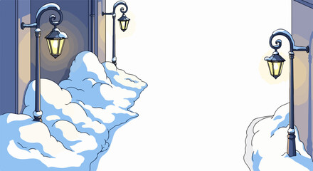 Winter scene with glowing lamps in snowdrifts creating winter wonderland. Winter scene features frosty snow covering street lamps, casting warm light. Enjoy winter scene for holiday greetings.