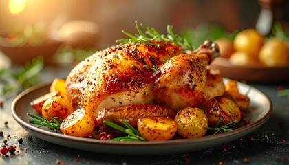 Roasted chicken with potatoes and rosemary on a plate with blurred background tasty