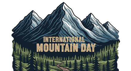 Majestic mountain range illustration with international mountain day text and forest landscape