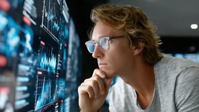 Data Analyst Concentrated: A focused data analyst, immersed in the complexities of intricate data visualization on multiple screens. Capturing the essence of diligence and cutting edge technology.
