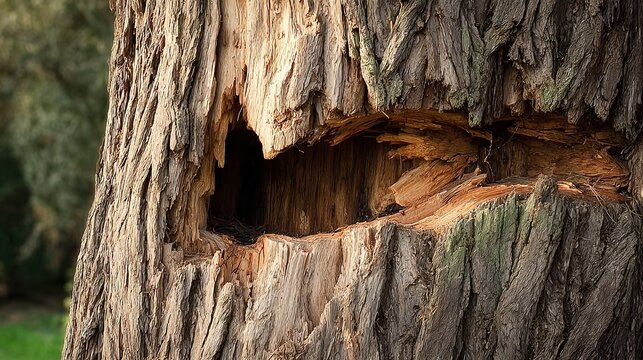 custodianship. Close-up of tree trunk with abnormal swelling and torn bark, textured botanical imperfection. gardening catalogs, home-decor guides, designed for gardening and botanical catalogs.