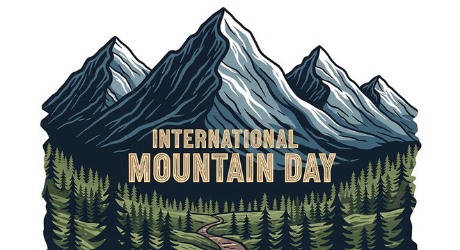 Majestic mountain range illustration with international mountain day text and forest landscape
