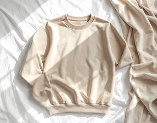 Crewneck sweatshirt on a clean white bed with a warm beige blanket, aesthetic lifestyle