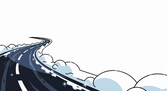 Winding road with snow drifts, winter highway journey vector illustration. Snowy path ahead, travel concept for winter destinations. Scenic winter road for transportation themes.